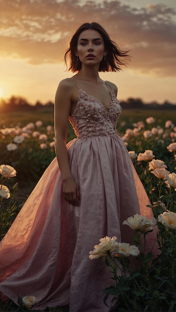 Elegant Woman in Flowing Dress at Sunset in Rose Field