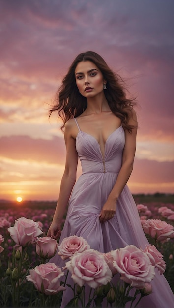 Elegant Woman in Flowing Dress at Sunset in Rose Field