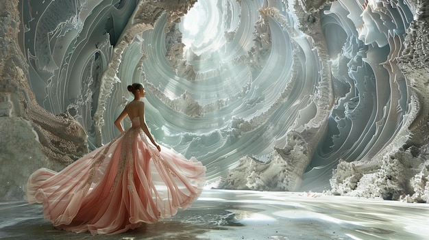 Elegant woman in a flowing gown stands in an ethereal otherworldly cave with light streaming through creating a magical dreamlike atmosphere