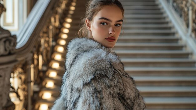 Photo elegant woman in fur coat on staircase