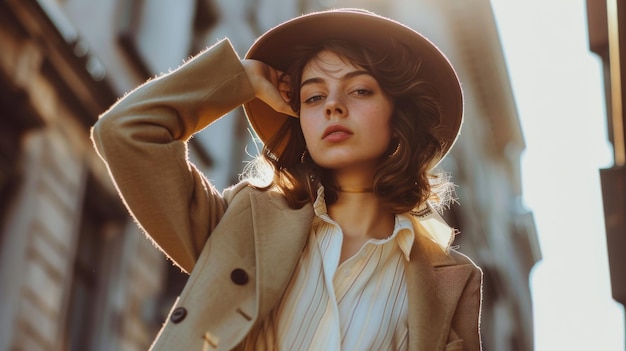 Elegant Woman in Hat and Trench Coat Walking in City Sunlight