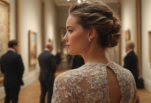 An elegant woman is photographed at a gala event the grandeur of the venue enhances her grace