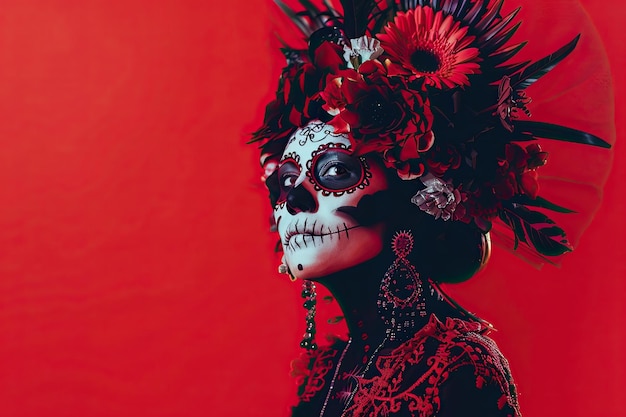 Elegant Woman in La Catrina Makeup Vibrant Red Background