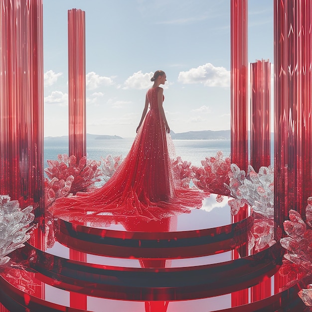 An elegant woman in a long dress stands on a circular red transparent glass floating platform surrou