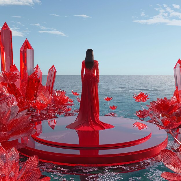 An elegant woman in a long dress stands on a circular red transparent glass floating platform surrou