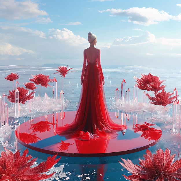 An elegant woman in a long dress stands on a circular red transparent glass floating platform surrou