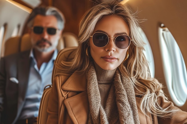 Photo elegant woman and man with sunglasses inside a private jet