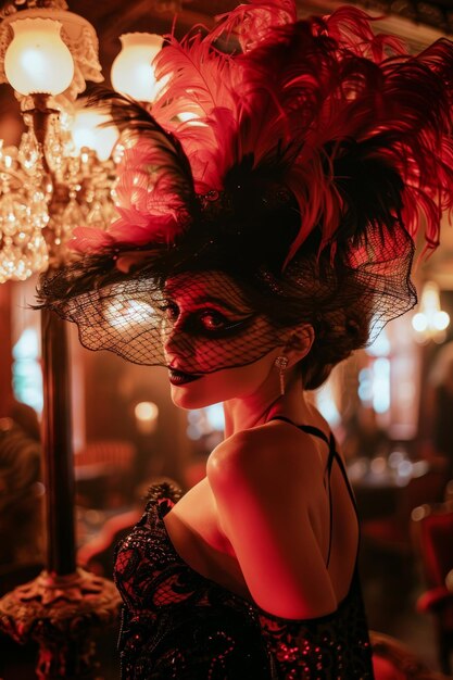 Photo elegant woman in masquerade mask and feather headdress at a luxurious party