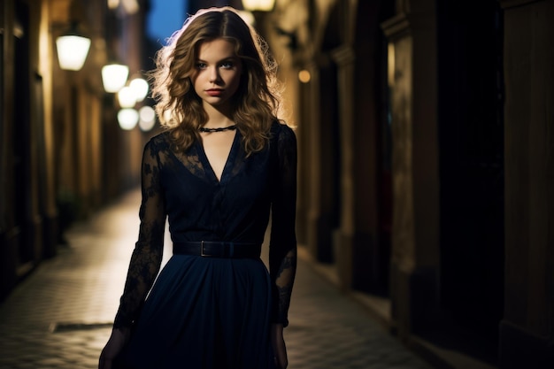 Elegant woman in a midnight blue velvet dress with a statement belt