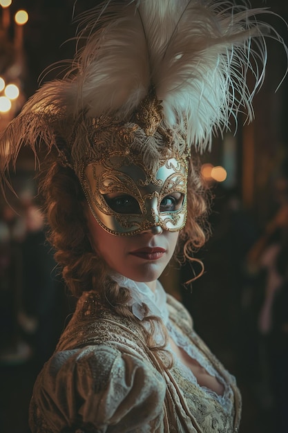 Elegant Woman in Ornate Mask at Masquerade Ball in Opulent Setting