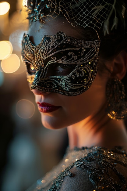 Elegant Woman in Ornate Masquerade Mask at Enchanted Evening Event