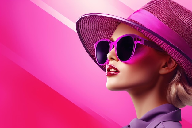 Elegant woman in pink wide brimmed hat with purple lips makeup Retro fashion