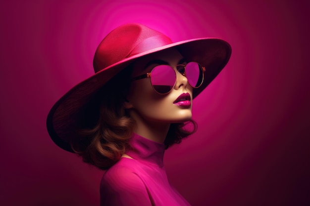 Elegant woman in pink wide brimmed hat with purple lips makeup Retro fashion