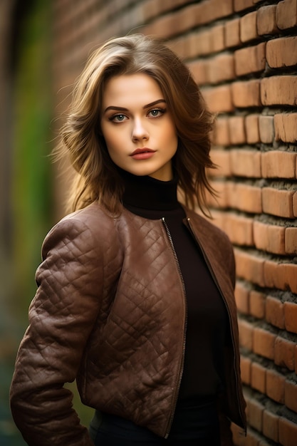 Elegant Woman Portrait with Brown Hair and Leather Clothing