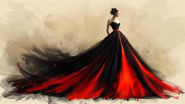 Elegant Woman in a Red and Black Gown