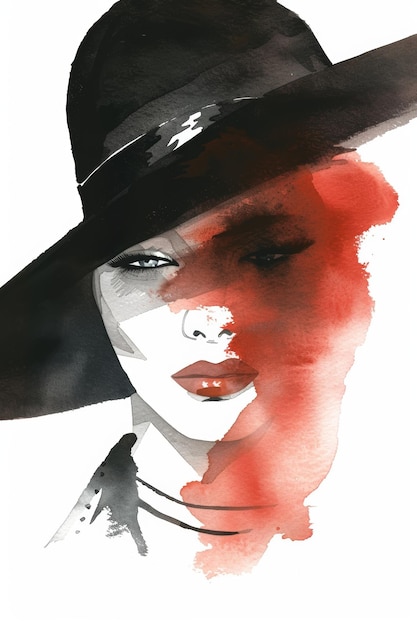 Elegant woman in red and black hat with watercolor style portrait art concept