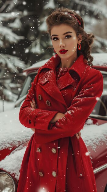 Elegant Woman in Red Coat Standing by Vintage Car in Snowy Winter Wonderland