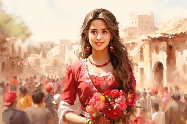 Elegant woman in red dress holding bouquet of flowers in crowded street market