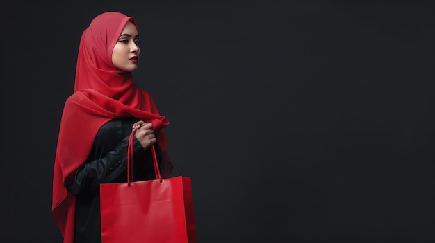 Elegant Woman in Red Hijab with Shopping Bag