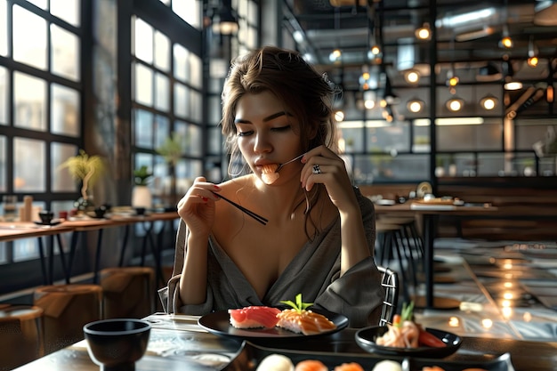 Elegant Woman Savoring Sushi in a Serene Industrial Loft