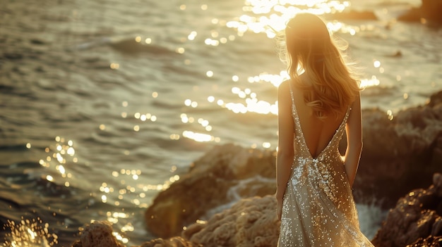 Elegant Woman in Shimmering Dress Stands by the Ocean During Sunset