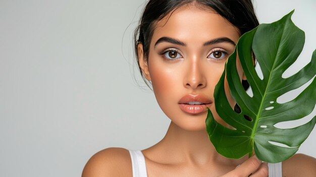 Elegant woman showcasing radiant skin and holding a lush green leaf for cosmetic promotion