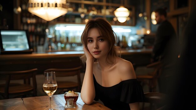 Elegant woman sitting at a bar with a glass of wine and dessert warm ambient lighting