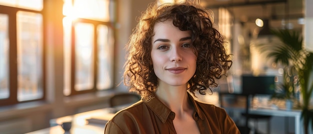 An elegant woman in a softly lit modern office smiles confidently portraying professionalism and warmth as she stands amidst a serene backdrop bathed in golden sunlight