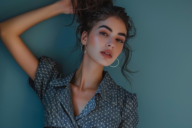 Elegant woman in a structured dress with a belt featuring a soft blue background that highlights her fashionable and chic lifestyle portrait