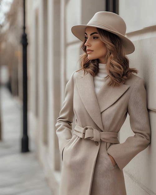 Photo elegant woman in stylish coat and hat stands outside exuding sophistication and fashion in a chic urban setting