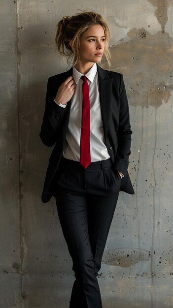 Photo elegant woman in a suit and red tie standing