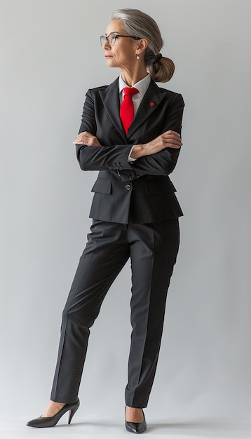 Elegant Woman in a Suit and Red Tie Standing