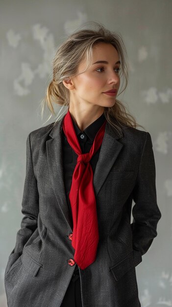 Photo elegant woman in a suit and red tie standing