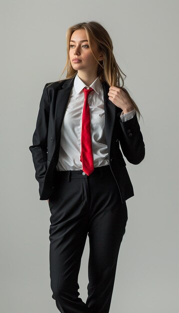 Photo elegant woman in a suit and red tie standing