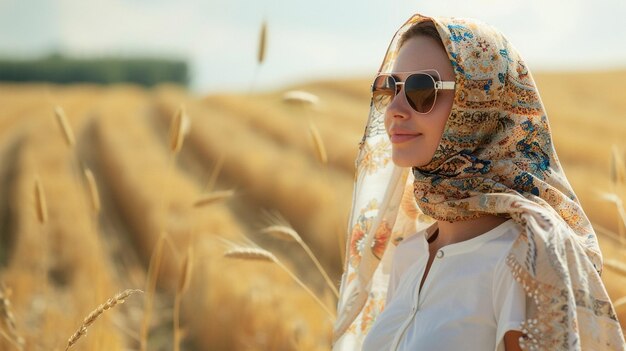 Photo elegant woman in sunglasses and scarf in golden wheat field