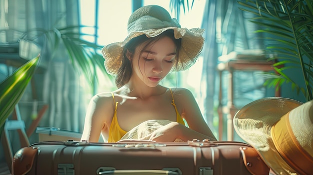 Elegant Woman in Sunhat Organizing Suitcase in Dreamy Sunlit Room