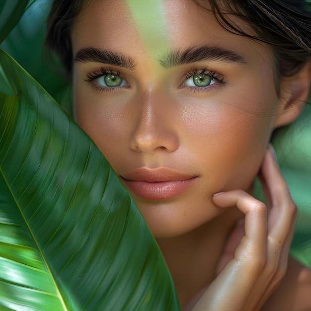 Elegant Woman Touching Green Leaf in Skincare Advertising Campaign