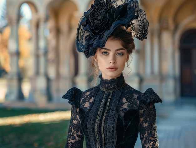 Elegant woman in victorian style dress and hat