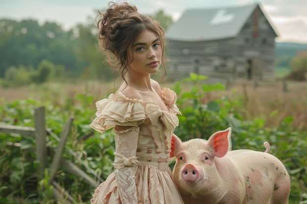 Elegant Woman in Vintage Dress Posing with Pig in Countryside