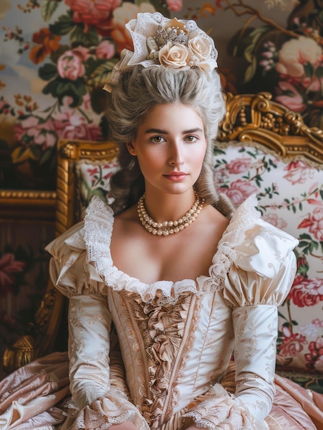 Photo elegant woman in vintage rococo dress posing in luxurious floral interior aristocratic style