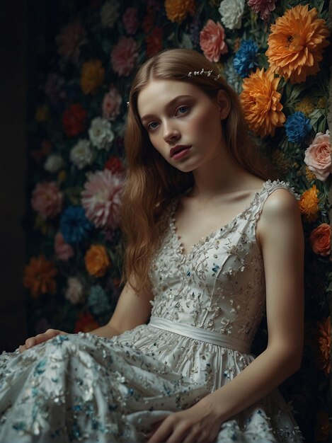 Elegant woman wearing a beautiful tiara indoors with floral embellishment