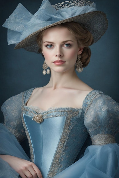 An elegant woman wearing dutch cap and blue dress