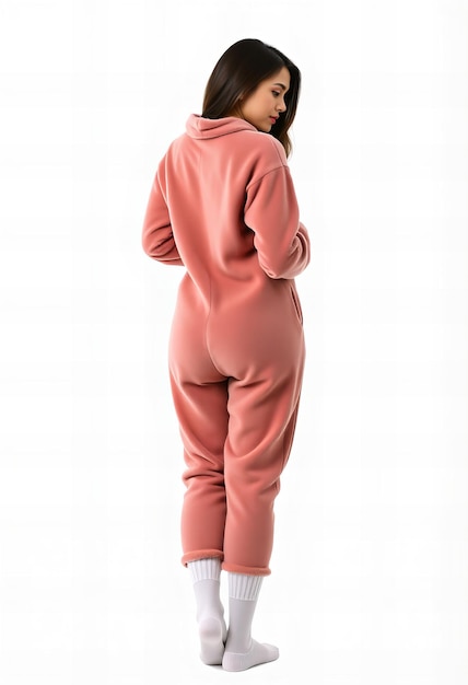 Elegant Woman wearing a fleece onesie and socks