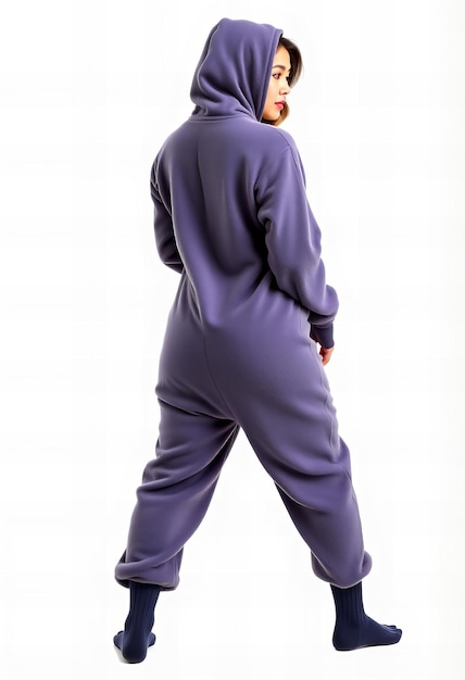 Elegant Woman wearing a fleece onesie and socks