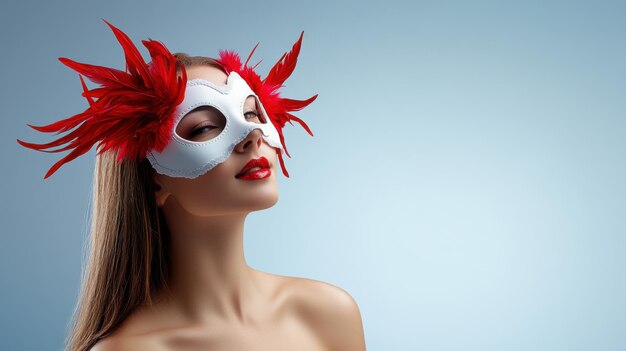 Photo elegant woman wearing a white mask with red feathers evoking a sense of mystery and allure suitable for a masquerade ball