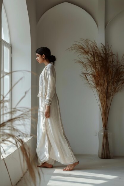 Elegant woman in white dress contemplating by window