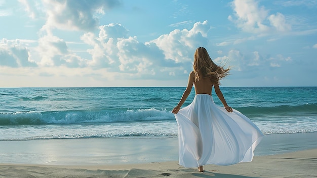 Photo elegant woman in white dress enjoying serene beach