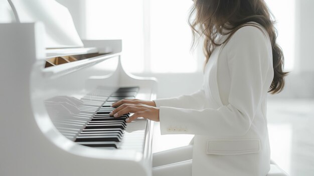 Elegant woman in white dress playing the grand piano beautifully in a luxurious music hall