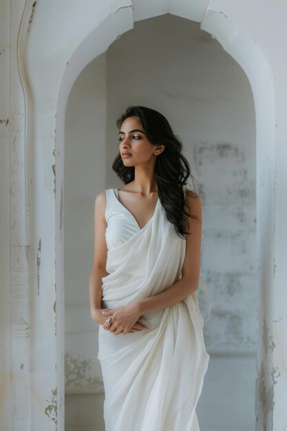 Elegant woman in white dress posing in archway