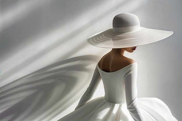 Photo elegant woman in a white dress and widebrimmed hat casting dramatic shadows